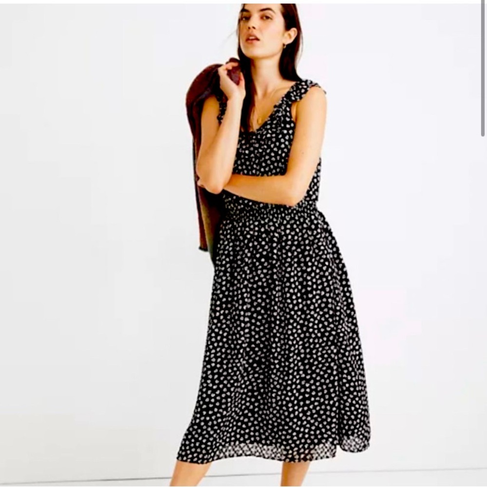 MADEWELL black and white ruffle neck smocked midi dress in Woodcut Flowers
